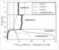 Typický profil chemických a fyzikálních parametrů meromiktické nádrže. Blíže v textu článku. Upraveno podle: B. Boehrer, M. Schultze (2005)
