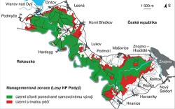 Mapa managementové kategorizace národního parku Podyjí. Podle: Plán péče o NP Podyjí a jeho ochranné pásmo 2012–20 (Reiterová a Škorpík 2012)