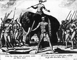 Rádža přístavu Kóčín na Malabarském pobřeží Indie na slonu s ozbrojenci, jak ho zachytil nizozemský obchodník Jan Huyghen van Linschoten (1595). Z archivu autora