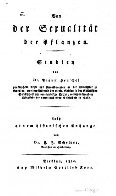 Titulní stránka práce Augusta  Wilhelma Henschela Von der Sexualität der Pflanzen, vydané ve Vratislavi  r. 1820. Obr. z archivu autorů