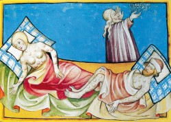 Lékař u lůžka nakažených morem vzhlíží k obloze, z níž se snaží určit  astrologickou příčinu černé smrti a vyprosit zázračné uzdravení. Středověká  iluminace z Toggenburské bible, r. 1411