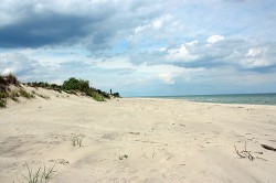 První duny na pláži jsou bez vegetace, jejich strukturu utváří vítr vanoucí  od moře. Foto Z. Mačát