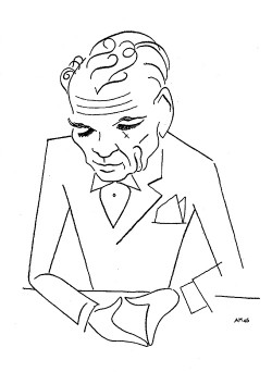 Jan Bělehrádek (1896–1980) na karikatuře Adolfa Hoffmeistera z r. 1945. Foto: Jan Bělehrádek a jeho cesta  ke svobodě ducha (V. Linhartová, ed., Praha 2003)