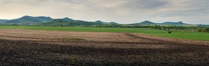 Scenérie střední části západního křídla Středohoří od jihu.  Zleva trojvrcholová Solanská hora,  Oltářík, Plešivec a nízký Třešňovec,  dále k východu Sutom,  plochá Jezerka a skalnatý Košťálov. Foto K. Horáček