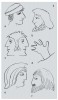 Fiktivní portréty některých uváděných postav: Matka Země Gáia (a),  její syn Kronos (b), římský bůh počátků Ianus (c), vládce podsvětní propasti  Tartaros (d), hrdina Théseus (e), vojevůdce Agamemnón (f). Orig. T. Pavlík