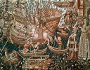 Námořní přeprava zvířat včetně  bájného jednorožce na vlámské tapisérii kolem r. 1520. Z archivu autora