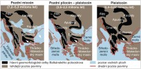 Geomorfologický vývoj Balkánského poloostrova. Upraveno podle: S. V. Popov a kol. (2004 a 2006). Orig. M. Chumchalová