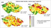 Celkový obsah dusíku v travníku Schreberově na území České republiky v letech 2005, 2010 a 2020 indikuje časový trend růstu úrovní atmosférického spadu reaktivního dusíku. Pro zeleně až červenohnědě zbarvená území je spad zhruba mezi 13–31 kg.ha–1.rok–1. Orig. I. Suchara