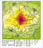 Aktuální distribuce spadu olova (Pb) v r. 1999. Závětrná strana k východu – šíření je částečně blokováno Hřebeny (mezi Příbramí a Dobříší). Znečištění se šíří snáze údolím severně k Jincům a podél jižního úpatí Hřebenů. Na závětrné straně k západu pod Brdy se znečištěný vzduch udržuje déle a pomaleji se rozptyluje. Orig. I. Suchara