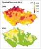 Časový trend poklesu kyselosti kůry smrku ztepilého (Picea abies) na území ČR (n = 192–251) v letech 1995 a 2010 jako důsledek snížení kyselosti dešťových srážek vlivem poklesu koncentrací SO2 po odsíření tepelných elektráren a snižování množství spalovaného hnědého uhlí. Orig. I. Suchara