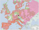 Mapa rozšíření okáče metlicového (Hipparchia semele)  na základě záznamů v aplikaci iNaturalist. Černá šipka označuje mapový čtverec s nejhustším výskytem záznamů – Prokopské údolí v Praze. Upraveno podle www.inaturalist.org