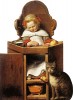 Dítě spící ve vysoké jídelní židli s kočkou, od holandského barokního  portrétisty J. C. Versproncka z r. 1654