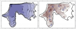 Rožmberk – batymetrická mapka  ilustrující hloubkové poměry (vlevo, údaje v metrech) a mapa s vyznačením mocnosti bahna (vpravo, hodnoty  v metrech), modré číslice udávají obsah fosforu (v g/kg sušiny). Orig J. Duras