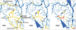 Rekonstrukce původního areálu perlorodky říční (Margaritifera margaritifera) na tocích v povodí Vltavy nad vodním dílem Orlík na základě dostupných dat. Data pro malé potoky obvykle chybějí, přítomnost perlorodek lze ale podle analogií předpokládat ve velkém počtu přítoků jimi obývaných řek. Balvanité a silně peřejnaté úseky toků perlorodky neosídlovaly. Horní hranice výskytu daná teplotním režimem je označena červenou linií, žluté body značí rozsah izolovaných výskytů (často v mlýnských náhonech), modré trojúhelníky vodní díla. Orig. O. P. Simon