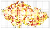 Počet druhů ptáků zjištěných v jednotlivých kvadrátech – žlutá podle  sytosti barvy až do 20 druhů, oranžová  do 75 druhů, červená do 125 druhů (leden 2015). Zahrnuta jsou i příležitostná data v dosud neobsazených  kvadrátech.