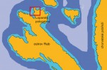 Mapa ostrova Rab s vyznačením zátoky, kde byly v srpnu 2008 odebrány vzorky usazenin. Orig. A. Poštulková