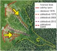 Schéma lavinových drah a lavin  Velké kotliny: A – jihozápadní, B – severo­východní lavinová dráha, C – dojezd  největších lavin. Orig. L. Bureš