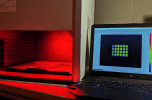 Zobrazovací fluorometr umožňuje zobrazovat plošnou fluorescenci z celých rostlin nebo jejich částí (obr. 5). Lze jej účinně využít i k měření většího množství vzorků najednou, pro které se dají vyčíslit fluorescenční parametry samostatně. Mohou to být např. semenáčky při selekci mutací ve šlechtění, stélky mechů, suspenze řas anebo, tak jako zde, listové terčíky. Foto T. Hájek