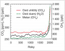 Změny koncentrací atmosférických skleníkových plynů. Před r. 1958 byly stanoveny z ledovcových sond, od r. 1958 měřeny přímo. Současná koncentrace CO2 přesahuje 410 ppm (parts per million); ppb – parts per billion. Upraveno podle:  Mezivládní panel pro změny klimatu (IPCC, 2007) a W. D. Bowman a kol. (2017)