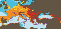 Změny rozšíření tohoto druhu v Evropě od konce posledního glaciálu do současnosti (podle modelů vývoje  klimatu). Fialová barva – možný areál během konce poslední doby ledové  (před 22 tisíci let). Nižší hladina moří v glaciálu (světle modrý odstín) umožnila  rozšíření i na místech nyní zatopených mořem. Žlutá a oranžová barva – předpokládaný areál během středního holocénu (klimatické optimum před 6 tisíci let), pravděpodobnější oblasti výskytu  znázorněny oranžově; červeně – doložené a možné rozšíření kudlanky v současnosti (v jižní a v části střední Evropy se mnohdy překrývá s výskytem ve středním holocénu). Podle mapových podkladů J. Vitáčka a P. Janšty kreslila  M. Chumchalová 