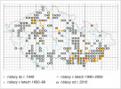 Mapa rozšíření cvrčka polního (Gryllus campestris) s aktuálními i historickými údaji.  Upraveno podle Nálezové databáze ochrany přírody Agentury ochrany  přírody a krajiny ČR