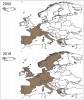 Výskyt invazní rybenky Ctenolepisma longicaudata v Evropě v r. 2000 a 2018.  Orig. M. Kulma a kol.