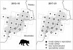 Srovnání výskytu medvěda hnědého (Ursus arctos) na česko-slovenském pomezí v letech 2012–16 a 2017–21.