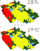 Rozložení strnadích nářečí na území České republiky – před sloučením dialektových skupin (obr. A) a po něm (B). Barevné plochy byly vytvořeny interpolací mezi jednotlivými nahrávkami. Podle: L. Diblíková a kol. (2023)