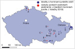 Povrchové výskyty jurských hornin v rámci České republiky. 1 – severní Čechy (Šternberk, Vápenka, Vlčí Hora, Bílý potok aj.), 2 – Brno (Hády, Stránská skála, Švédské šance), 3 – Moravský kras (Olomučany, Rudice aj.), 4 – Pálavské vrchy a Svatý kopeček u Mikulova, 5 – Cetechovice na Hané, 6 – Kurovice, 7 – Lukoveček, 8 – Štramberk a okolí, 9 – karpatský flyš v okolí Třince (především vendryňské souvrství), A – bývalý lom na vrchu Hvozd a blízké okolí, B – Svitavy, C – Třebíč, D – Rudice, E – Moravský Krumlov, F1 a F2 – horniny karpatské předhlubně. Orig. J. Geist