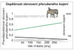 Graf pravděpodobnosti, že se mláděti zebry stepní podaří obnovit přerušené kojení v závislosti na jeho věku a na tom, kdo kojení přerušil. Zeleně vyznačena kojení přerušená jiným členem stáda, černě hříbětem nebo jeho matkou. Orig. J. Pluháček