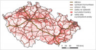 Mapa hlavních liniových a plošných bariér omezujících nebo ztěžujících  volný pohyb živočichů v rámci České republiky. Podle: P. Anděl a kol. (2010)