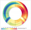 Příklad anulární koncentrační růžice, která vyjadřuje směr proudění, denní dobu a koncentrace vybrané znečišťující látky. Nejvyšší koncentrace opět vidíme při severovýchodním proudění (červené odstíny v pravé horní části prstence). Zároveň je patrné, že nejsytější odstíny červené se vyskytují u obou okrajů prstence, uprostřed je intenzita barvy nižší. To znamená, že koncentrace jsou zvýšené především v ranních a večerních hodinách. Může jít např. o vliv vytápění, pro které je charakteristický právě denní chod s maximem ve večerních hodinách (lidé po práci doma zatopí) a nárůstem i v ranních hodinách (někdo si přitápí i ráno). V dopravně zatížených lokalitách je typická výrazná špička v ranních hodinách a nárůst i v odpoledních. U přízemního ozonu, jehož vznik je mimo jiné ovlivněn množstvím a intenzitou slunečního záření, bývá maximum pozorováno v odpoledních hodinách, v noci naopak koncentrace klesají a ráno jsou nejnižší. Více v textu. Orig. J. Brzezina