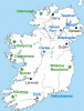 Mapa Irska. Zeleně národní parky, modře lokality objektů zmiňovaných v textu. Orig. J. Kyncl