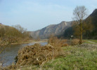 Údolí Berounky pod Srbskem   v r. 2003, uprostřed již opuštěný Tomáškův lom, skály jsou z velké části odtěžené a stráně zarůstají vegetací. Foto D. Svoboda