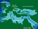 Propojení Indického a Atlantského oceánu přes Středozemní moře a Paratethydu. Tato komunikační cesta byla uzavřena zhruba před 14 miliony let. Ve žlutém rámečku je vyznačen rozsah Centrální Paratethydy na našem území. Upraveno podle: G. A. Prista a kol. (2015)