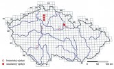 Rozšíření rdestu dlouholistého  (Potamogeton praelongus) na území  České republiky. Orig. R. Prausová (2015), převzato a upraveno z Červené knihy vyšších rostlin ČR (1999)