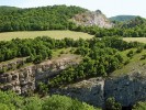 Lom na Chlumu a v popředí skály na Bříči, nacházející se v Českém krasu. Rozeznat dnes umělé skalní stěny starých lomů od přirozených skal už často skoro nejde. Dokonce i fauna epilitických plžů (žijících na povrchu skal) se zde obnovila překvapivě rychle. Foto V. Ložek jun.