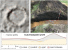 Zobrazení milířiště podle leteckého lidarového (laserového) snímání je velmi detailní (nahoře vlevo). Vpravo ukázka průřezu valem jednoho z milířišť v Českém lese. Orig. J. Houška