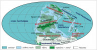 Paleogeografie světa uprostřed pennsylvanu v mladší části karbonu, asi před 315 miliony let, s vyznačením hlavních kontinentů a floristických provincií. Orig. S. Opluštil