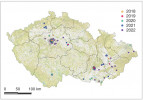 Mapa výskytu kněžice mramorované (Halyomorpha halys) v ČR do r. 2022. Orig. platforma NAJDI.JE 