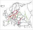 Hlavní migrační trasy netopýra parkového (Pipistrellus nathusii, červeně) a netopýra rezavého (zeleně) v Evropě. Orig. J. Zukal, upraveno