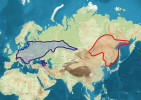 Celosvětové rozšíření kosatce sibiřského (modře) a k. krvavého (červeně). Upraveno podle: H. Meusel a kol. (1965). Foto P. Kúr
