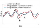 Omezení evolvability, schopnosti odpovídat na selekční tlaky prostředí. Schéma zjednodušeně ilustruje,  že přizpůsobení pohlavního druhu  (modrá linka) může být v delším  časovém měřítku ideálu v daném  proměnlivém prostředí (čárkovaná linka) v průměru blíž než u druhu nepohlavního (červená linka). Oportunistické  přizpůsobování nepohlavního druhu momentálním podmínkám může také  ve velmi proměnlivém prostředí vést  až k vymření druhu po náhlé změně  do opačného extrému (viz šipky). Orig. J. Toman