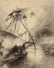 Ilustrace k románu Herberta G. Wellse The War of the Worlds (Válka světů). Jejím autorem je Henrique Alvim Corrêa a pochází z belgického (francouzskojazyčného) vydání tohoto díla, které vyšlo v r. 1906. Válka světů bylo jedno z prvních děl, které upozornilo na to, že vesmírné bytosti nemusejí být vždy přátelští tvorové. Zdroj: Wikimedia Commons 