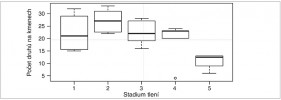 Druhová bohatost hub na padlých jedlích v Boubínském pralese v závislosti na stadiu tlení kmenu. Rozsah počtu druhů: silná linka – medián, obdélník – 25% a 75% kvartil, tenké linky – minimum a maximum, kroužek – odlehlá hodnota. Orig. T. Kučera