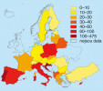 Průměrný počet požárů za rok v období 1980–2010 na 1 000 km2  zalesněného území. Zdroj dat: European Forest Fire Information Service (EFFIS). Orig. M. Adámek