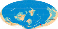 Mapa paleogeografické situace v ordoviku. Ilustruje rozložení kontinentů a oceánů v období, kdy probíhala celosvětová ordovická biodiverzifikační událost (GOBE). Jednotlivé části zemského povrchu vypadaly jinak než dnes, proto nesou odlišná pojmenování. Pro představu je červeným kolečkem vyznačena tehdejší pozice dnešních středních Čech, odkud pocházejí fosílie, které jsou v článku vyobrazeny. Orig. M. Mergl, upraveno podle: Scotese (2001)