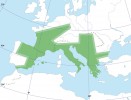 Schematická mapa přirozeného výskytu jeřábu oskeruše (Sorbus domestica) podle výzkumů švýcarského Institutu pro pozemní ekosystémy v Curychu (ETH). Orig. A. Rudow