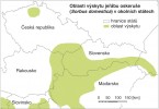 Rozšíření jeřábu oskeruše (Sorbus domestica) u nás, na Slovensku, v Rakousku a Maďarsku; zeleně přibližné hranice areálu. Orig. Z. Špíšek