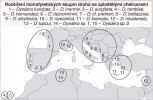 Rozšíření druhů rodu Dysdera se zploštělým drápkem chelicer. Každé  číslo reprezentuje samostatný druh,  monofyletické skupiny příbuzných druhů jsou uzavřeny do množin. Orig. M. Řezáč